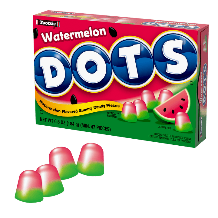 DOTS Watermelon (6.5 oz. box) with candies next to it