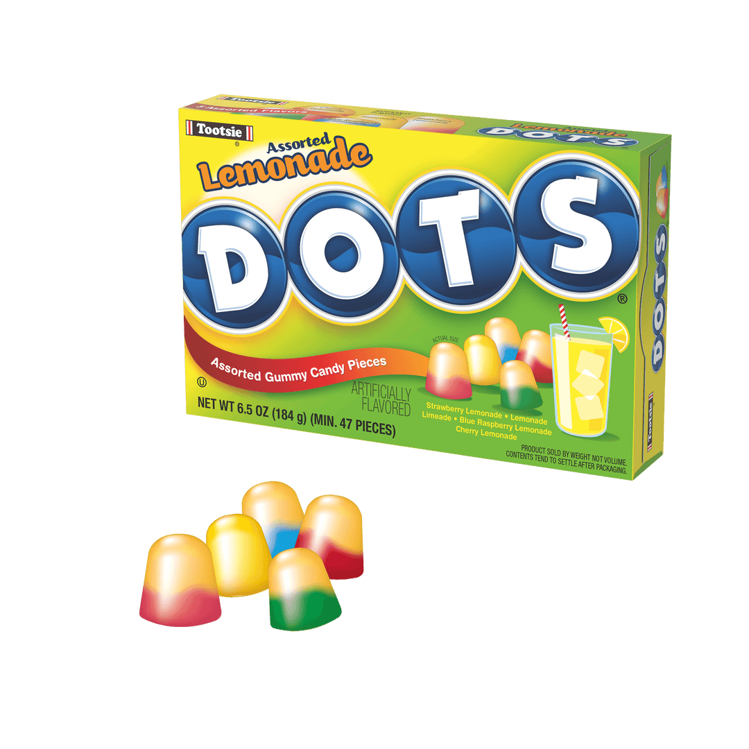 DOTS Assorted Lemonade (6.5 oz. box) with candies next to it