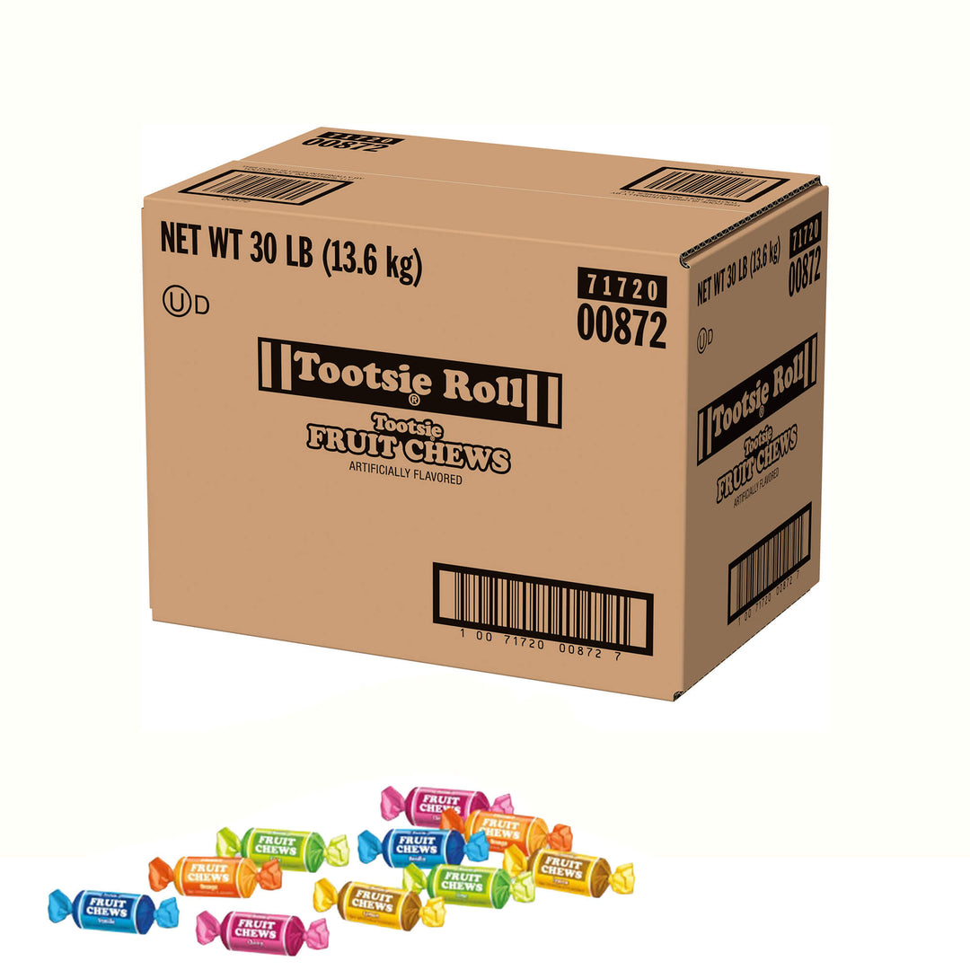 Large cardboard box of Tootsie Roll Fruit Chews with smaller fruit chews displayed below on a white background.