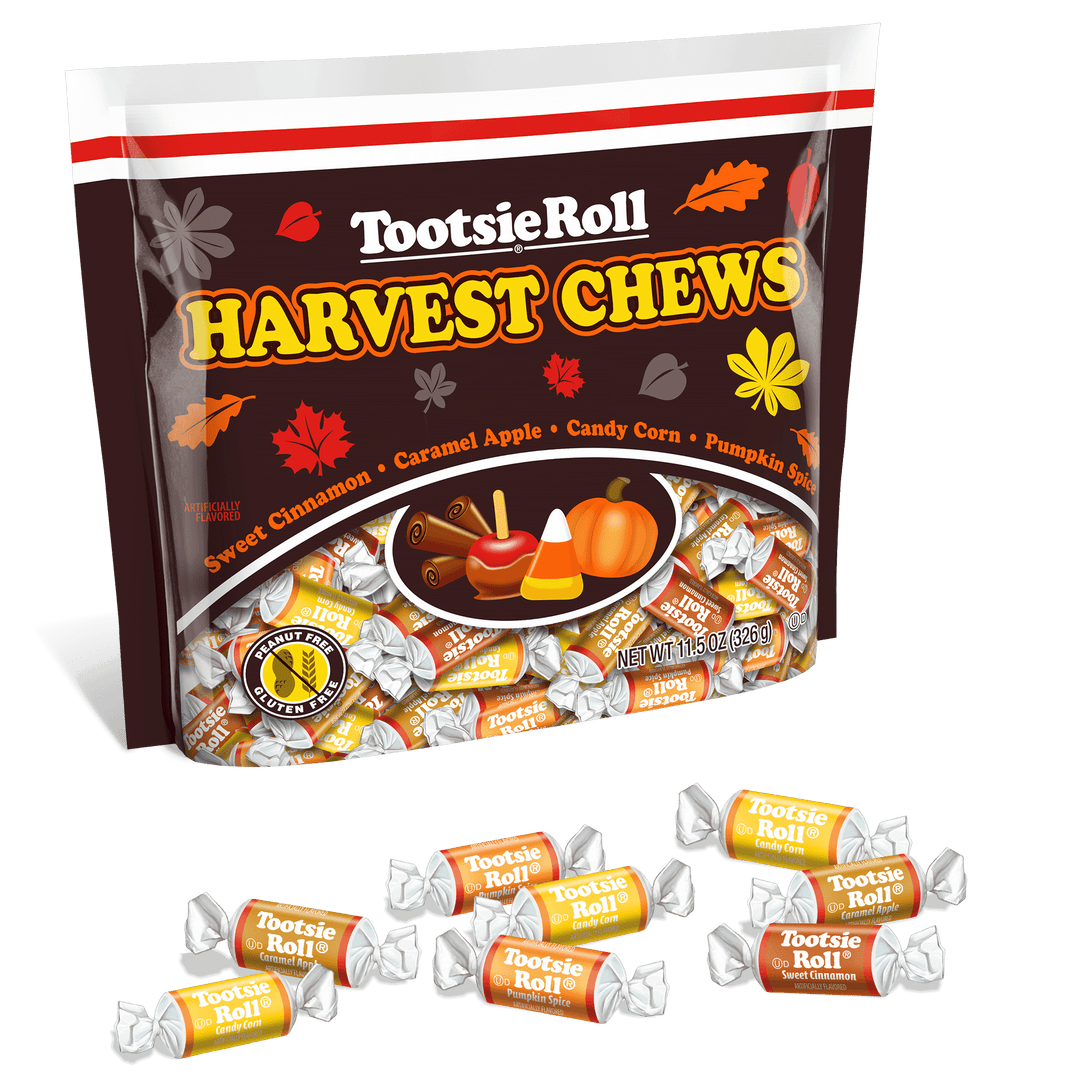 Tootsie Roll Harvest Chews (11.5 oz. Bag) with candies next to it