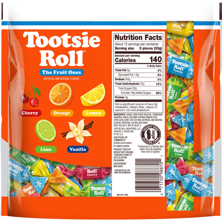 Tootsie Roll candy package with colorful candy pieces and flavor illustrations on an orange background.