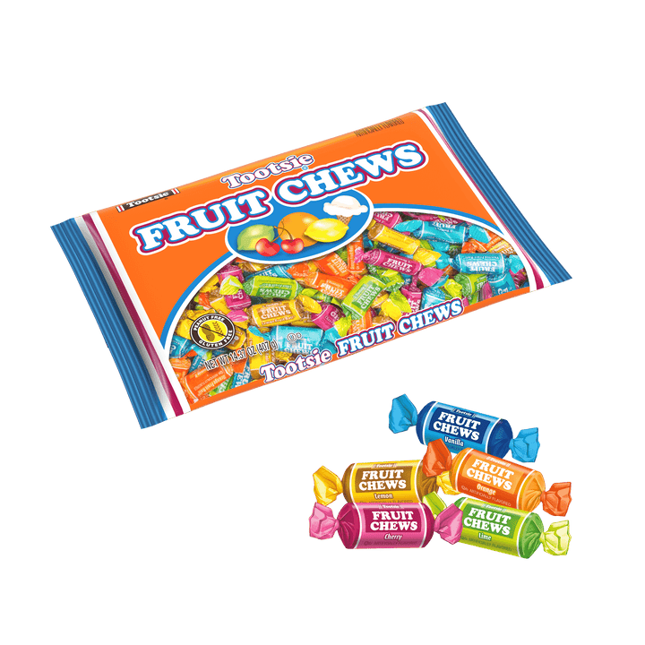 Tootsie Fruit Chews Assorted Flavors(14.37 oz. Bag) with candies in front of it