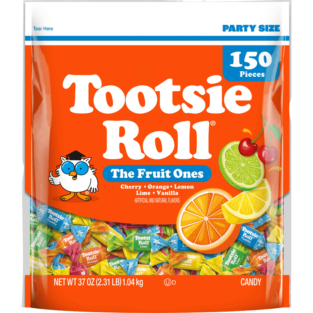 A 150-piece bag of Tootsie Roll 'The Fruit Ones' candy. The packaging is bright orange with white branding text, a cartoon owl, and illustrations of cherries, lime, and citrus fruits.