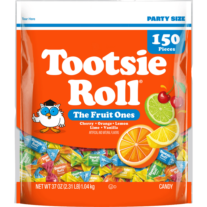 A 150-piece bag of Tootsie Roll 'The Fruit Ones' candy. The packaging is bright orange with white branding text, a cartoon owl, and illustrations of cherries, lime, and citrus fruits.
