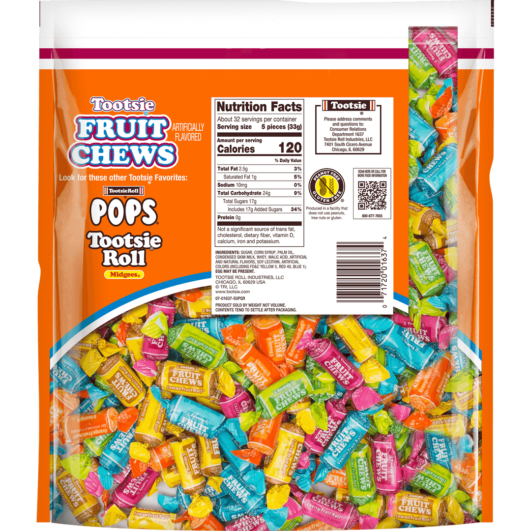 Tootsie Fruit Chew Assorted Flavors (37 oz. / 150 ct. Bag) with Nutrition Facts Panel