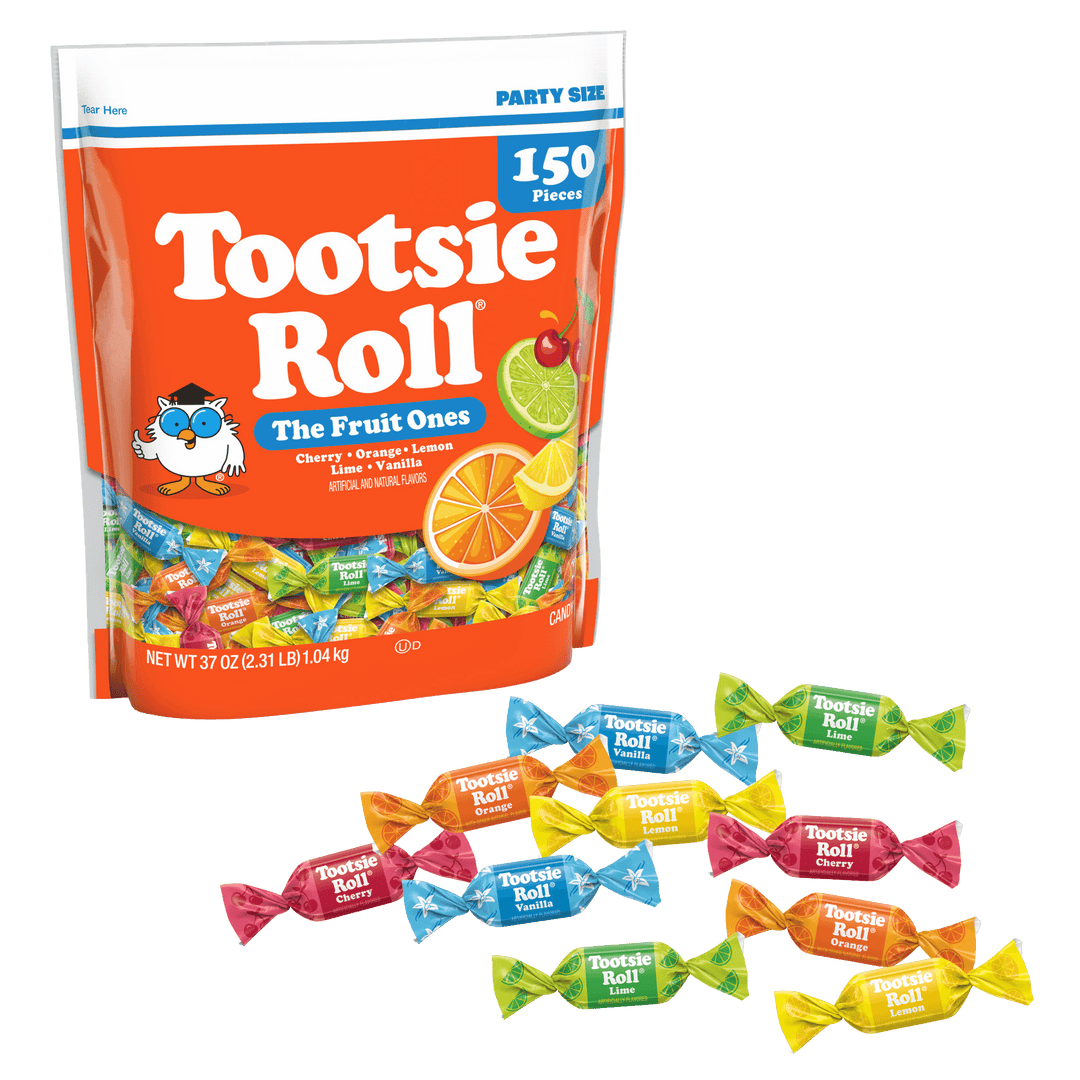 A large bag of Tootsie Roll The Fruit Ones party size candy, shown alongside several individually wrapped Tootsie Roll candies in different colors on a plain white background.