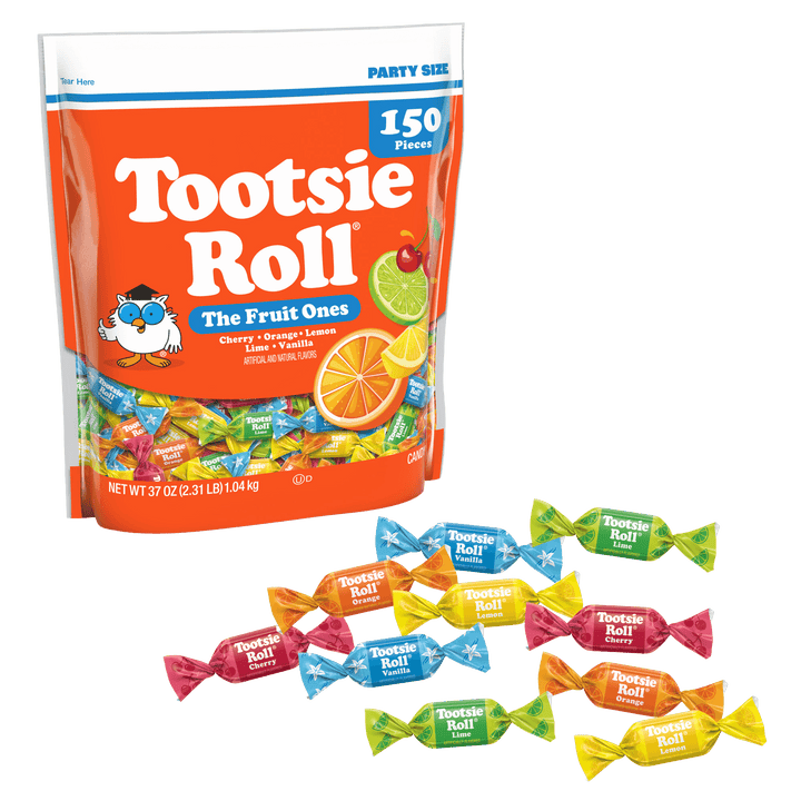 A large bag of Tootsie Roll The Fruit Ones party size candy, shown alongside several individually wrapped Tootsie Roll candies in different colors on a plain white background.