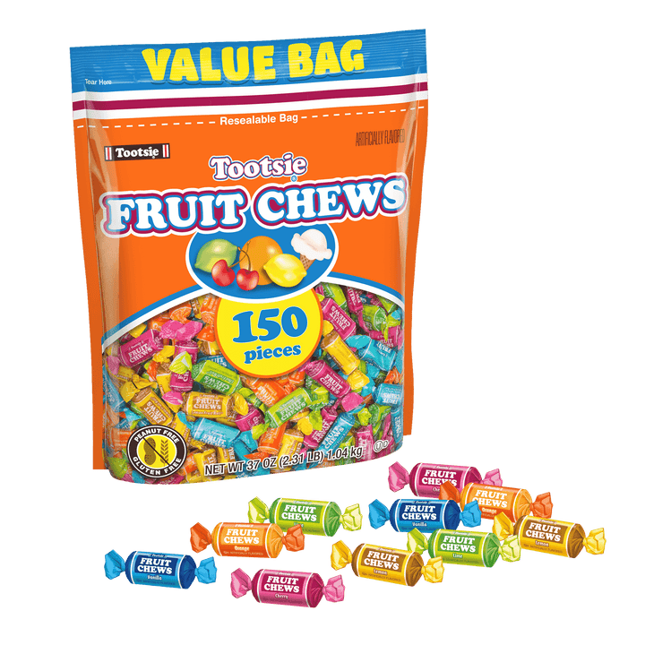 Tootsie Fruit Chew Assorted Flavors (37 oz. / 150 ct. Bag) with candies in front of it