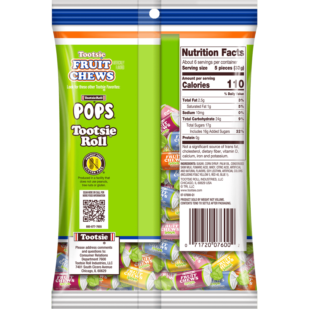 Tootsie Fruit Chews Assorted Sour Fruit Flavors (7 oz. Bag) Nutrition Facts Panel