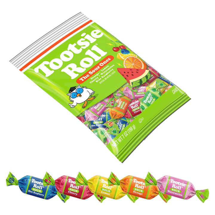 A large bag of Tootsie Roll Mints and Snacks 'The Same Ones' candy is shown on a white background, with five individual wrapped candies lined up below in different flavors.