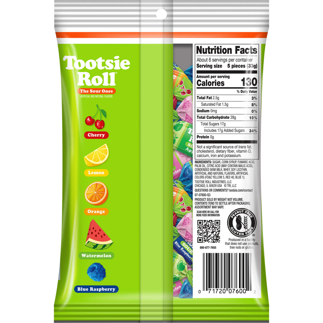 Back view of a Tootsie Roll candy bag showing flavor graphics, nutrition facts, product details, and barcode on a white background.