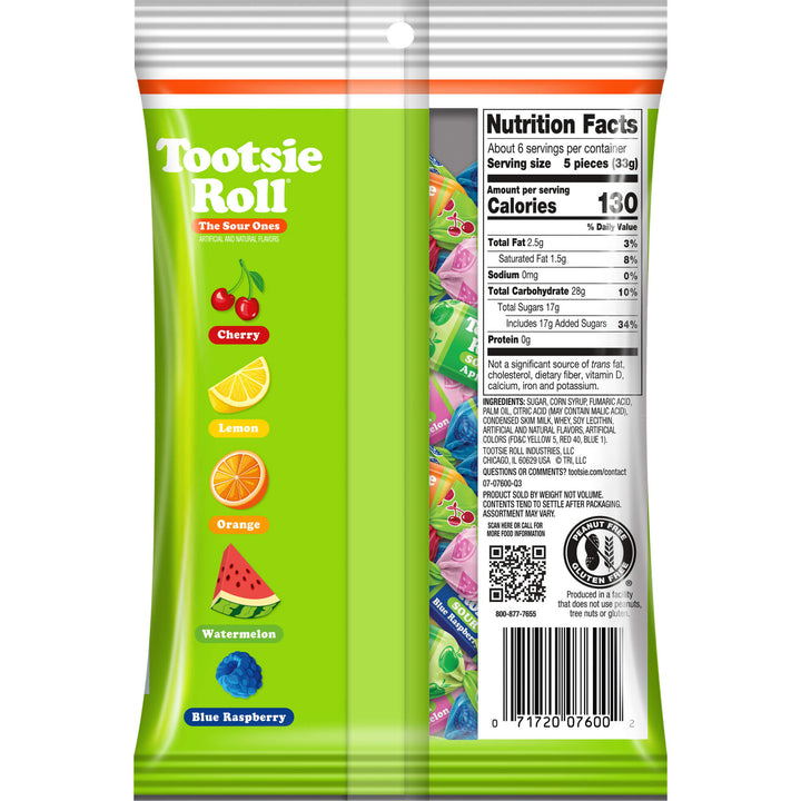 Back view of a Tootsie Roll candy bag showing flavor graphics, nutrition facts, product details, and barcode on a white background.