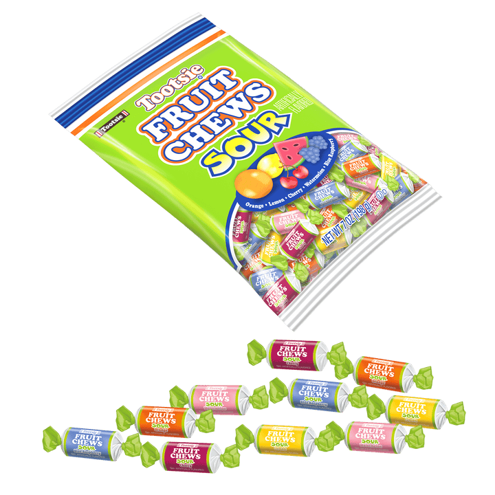 Tootsie Fruit Chews Assorted Sour Fruit Flavors (7 oz. Bag) with candies in front of it