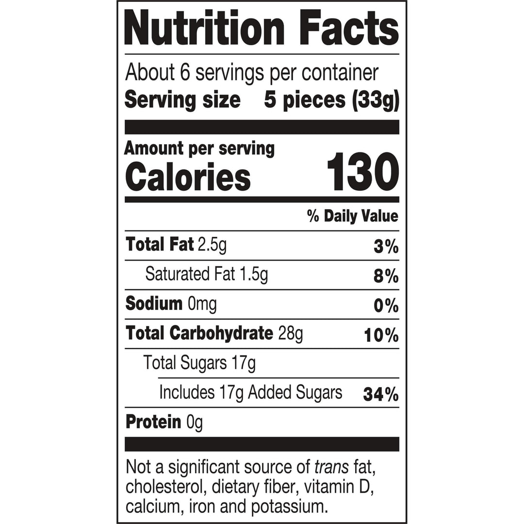 A Nutrition Facts label for a product, showing serving size 5 pieces (33g), 130 calories per serving, with total fat 2.5g, saturated fat 1.