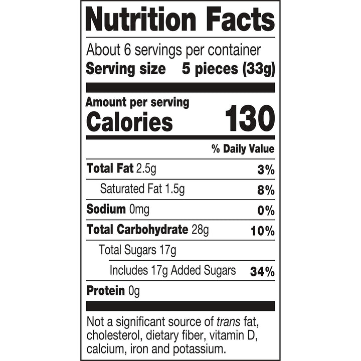 A Nutrition Facts label for a product, showing serving size 5 pieces (33g), 130 calories per serving, with total fat 2.5g, saturated fat 1.