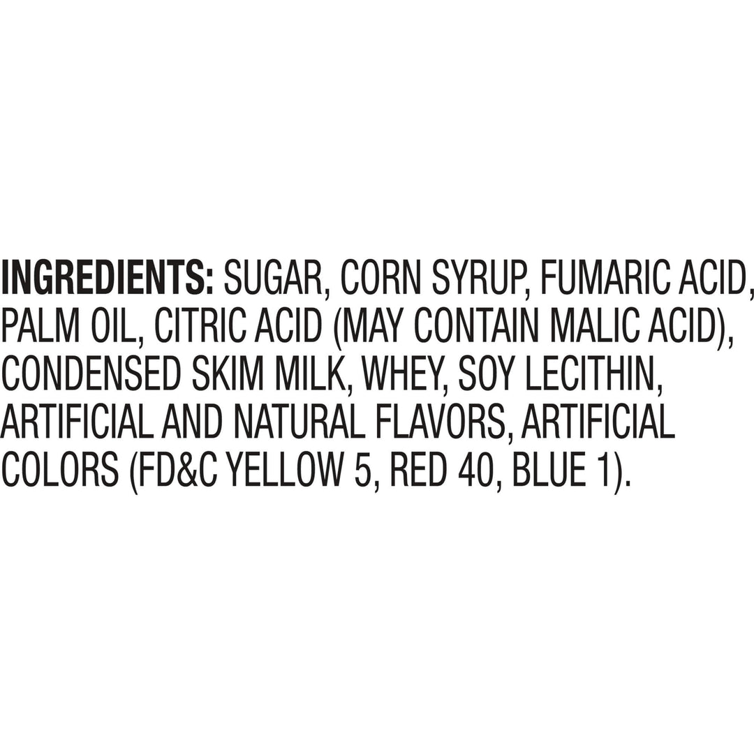 A text-only label showing the ingredients list in black sans-serif font on a plain white background. The ingredients include sugar, corn syrup, fumaric acid, palm oil, citric acid, condensed skim milk, whey, soy lecithin, and artificial and natural flavors/colors.
