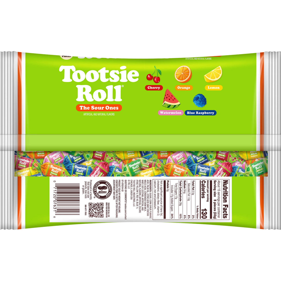Tootsie Roll The Sour Ones candy stick pack, showing the colorful front with fruit illustrations and a clear window displaying individual wrapped candies, set against a plain white background.