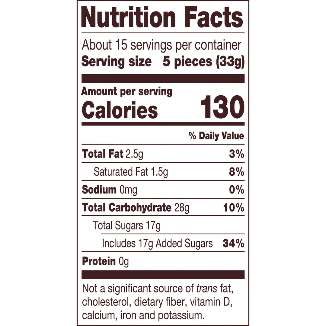 A Nutrition Facts label showing serving size, calories, and nutrient information for a product, with text reading 'About 15 servings per container', 'Serving size 5 pieces (33g)', and 'Calories 130'.