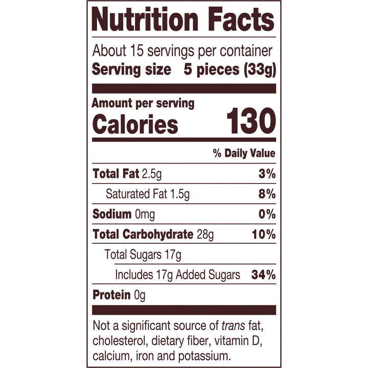 A Nutrition Facts label showing serving size, calories, and nutrient information for a product, with text reading 'About 15 servings per container', 'Serving size 5 pieces (33g)', and 'Calories 130'.