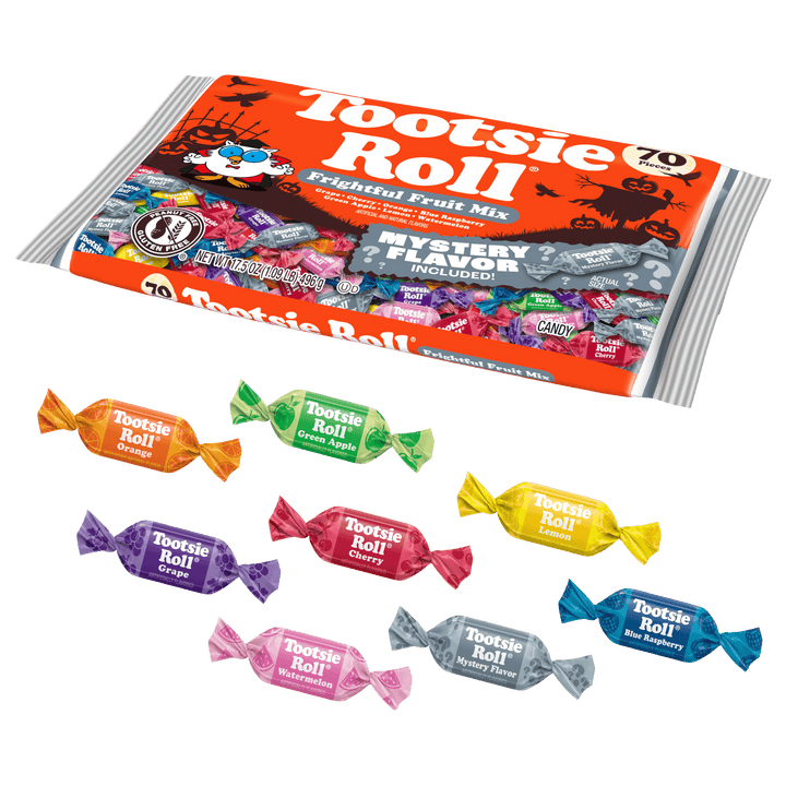 A package of Tootsie Roll Frightful Fruit Mix candy is shown on a white background, with eight individually wrapped Tootsie Roll candies arranged below it in different colors.