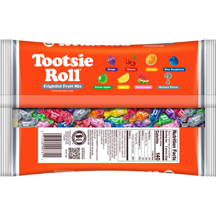 A package of Tootsie Roll Frightful Fruit Mix candy shown front and back against a white background. The front features a bright orange background with white brand lettering, colorful fruit illustrations, and a window revealing multicolored individually wrapped candies.