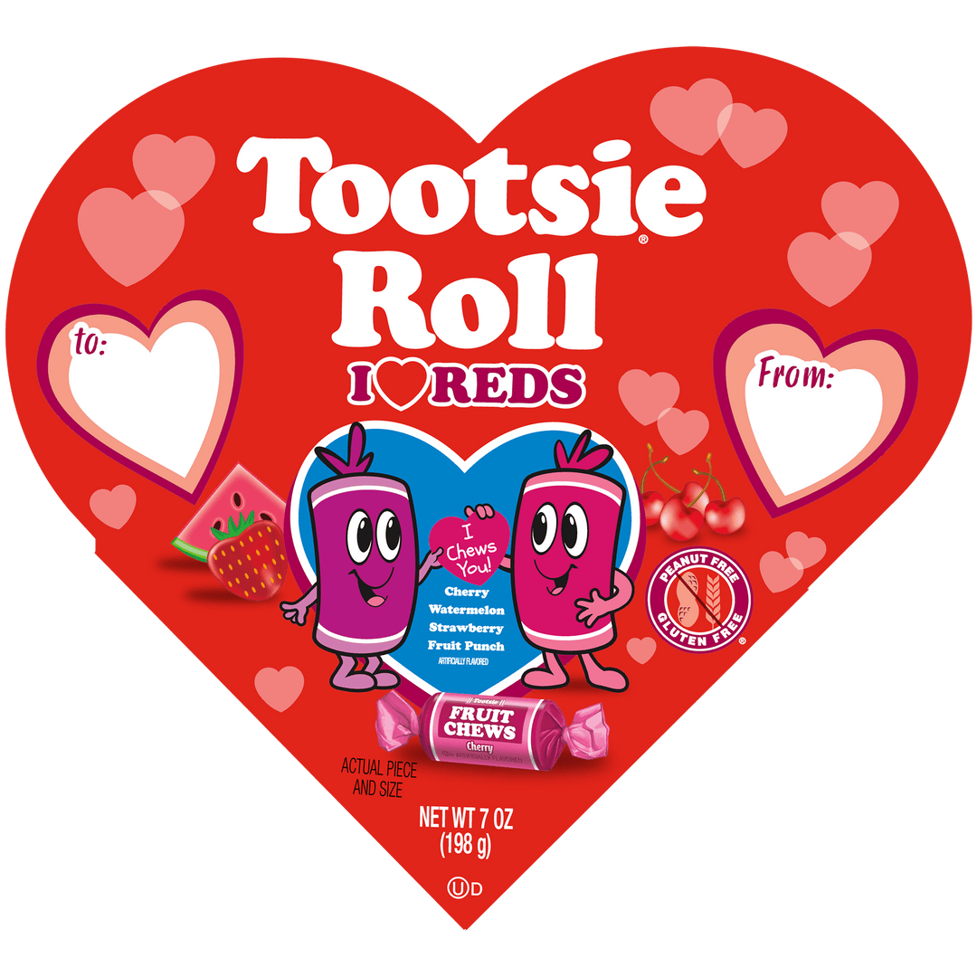 Tootsie Roll Valentine's Day packaging with cartoon characters on a red heart background.