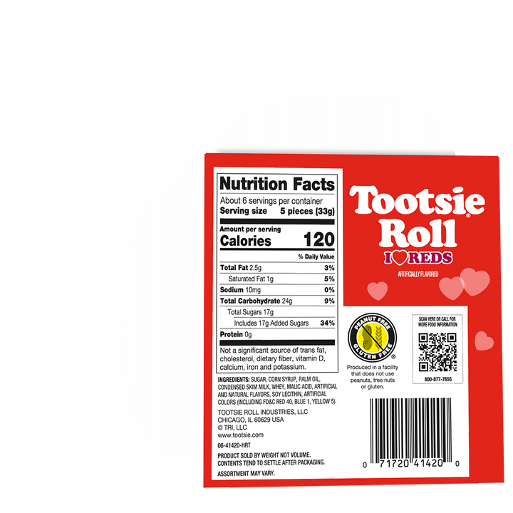 Tootsie Roll label with nutrition facts and heart designs on a white background