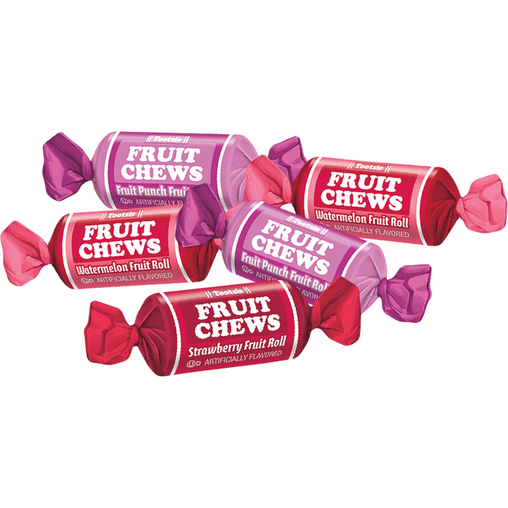 Fruit Chews candies in various flavors on a black background
