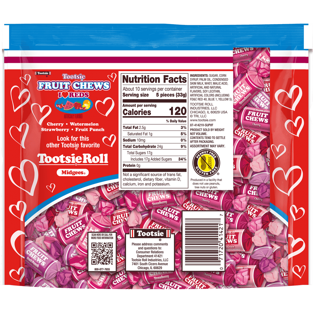 Fruit Chews Valentine Assorted I Heart Reds (11.5 oz. Bag) Nutrition Facts Panel