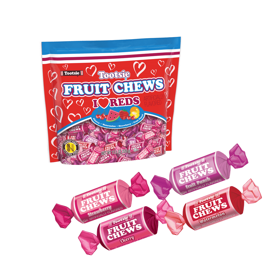 Fruit Chews Valentine Assorted I Heart Reds (11.5 oz. Bag) with candies in front of it