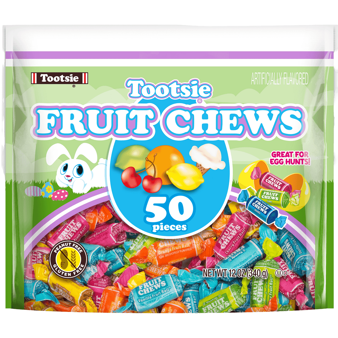 Package of Tootsie Fruit Chews with colorful candies and branding.