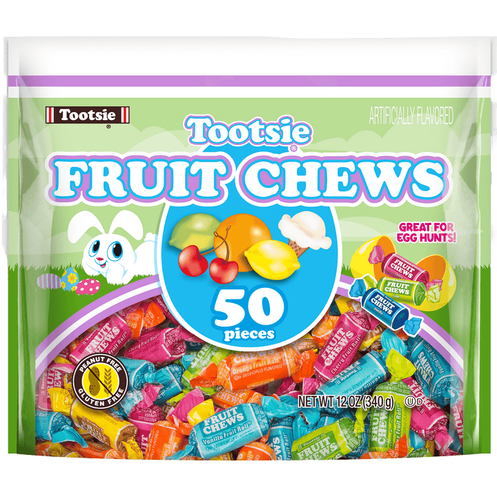 Package of Tootsie Fruit Chews with colorful candies and branding.
