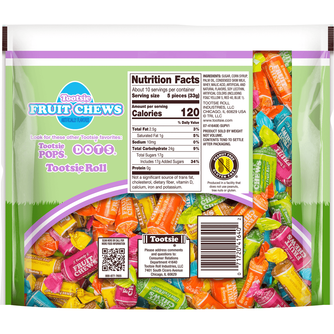 Packaging of Tootsie Fruit Chews with colorful candy pieces and brand logo and Nutrition Facts Panel.
