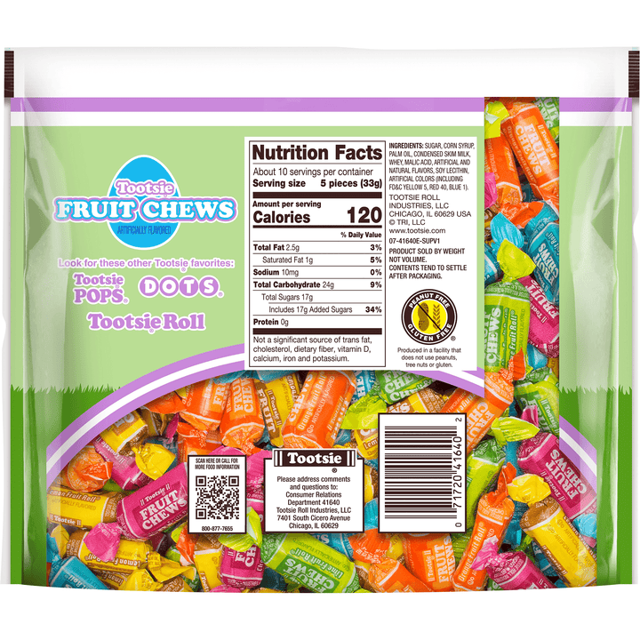 Packaging of Tootsie Fruit Chews with colorful candy pieces and brand logo and Nutrition Facts Panel.