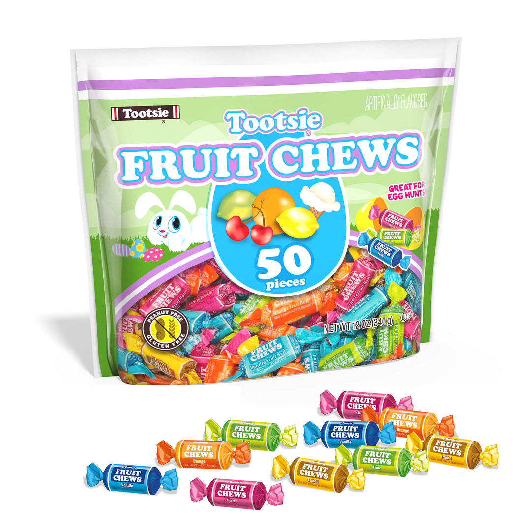 Bag of Tootsie Fruit Chews with colorful candies displayed in front on a white background