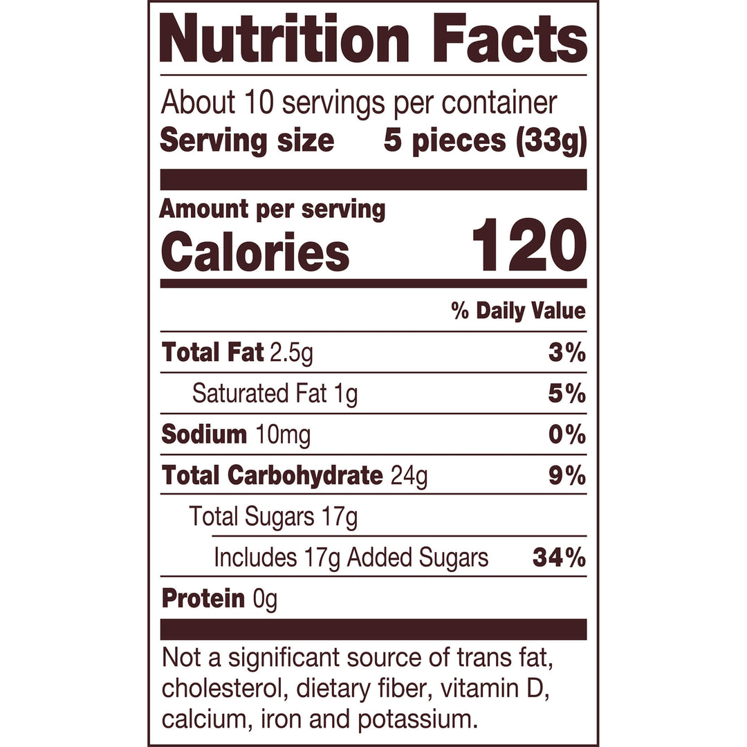 Nutrition facts label for a food product with serving size, calories, and nutritional content details.