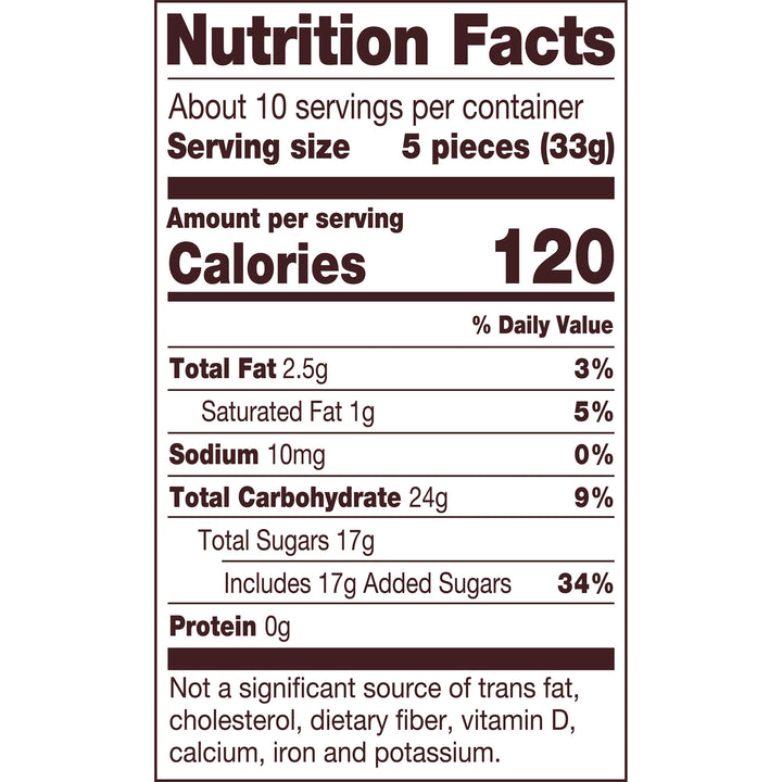 Nutrition facts label for a food product with serving size, calories, and nutritional content details.
