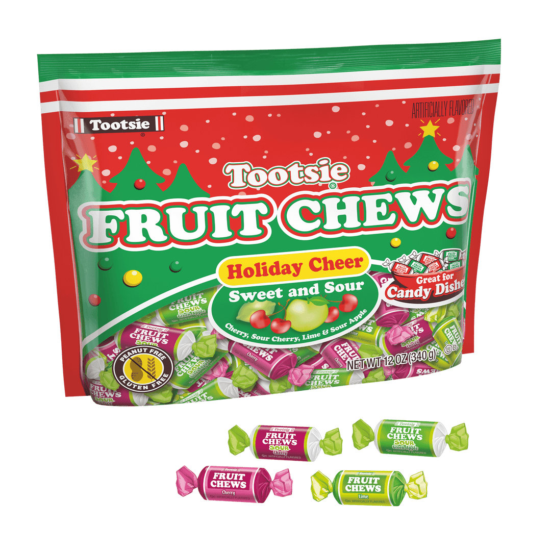 Tootsie Fruit Chews Assorted Holiday Cheer (12 oz. Bag) with candies in front of it