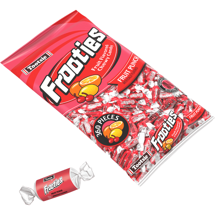 Frooties Fruit Punch (38.8 oz. / 360 ct. Bag) with candy next to it