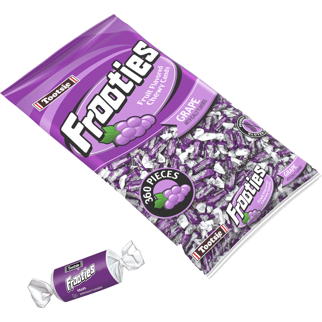 Frooties Grape Chewy Candy (38.8 oz. / 360 ct. Bag) with candy next to it