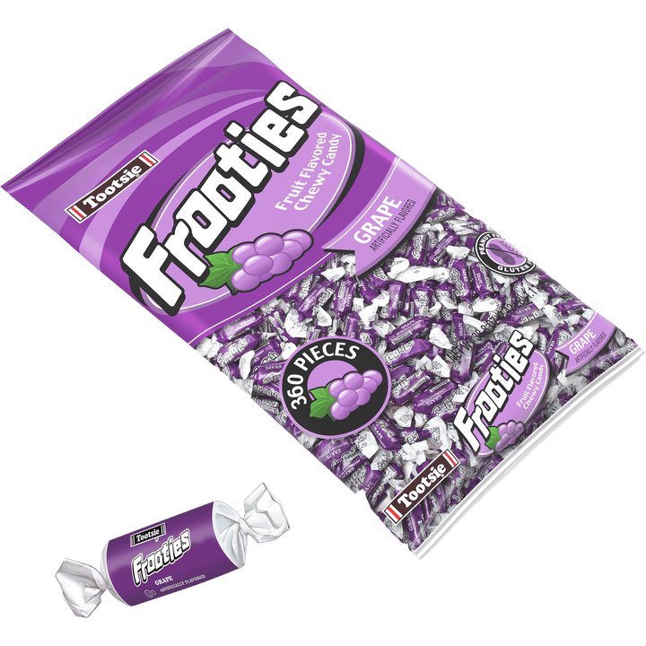 Frooties Grape Chewy Candy (38.8 oz. / 360 ct. Bag) with candy next to it