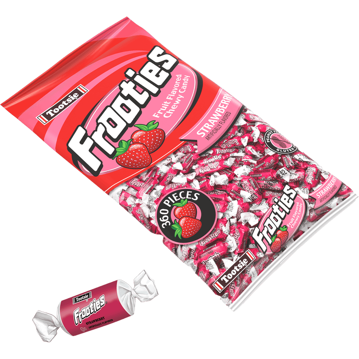 Frooties Strawberry Chewy Candy (38.8 oz. / 360 ct. Bag) with candy next to it