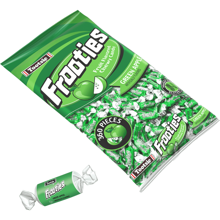 Frooties Green Apple Chewy Candy (38.8 oz. / 360 ct. Bag) with candy next to it