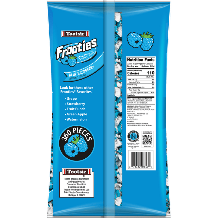 Frooties Blue Raspberry Chewy Candy (38.8 oz. / 360 ct. Bag) Nutrition Facts Panel