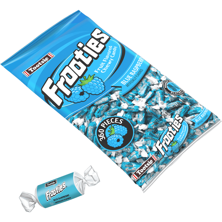 Frooties Blue Raspberry Chewy Candy (38.8 oz. / 360 ct. Bag) with candy next to it