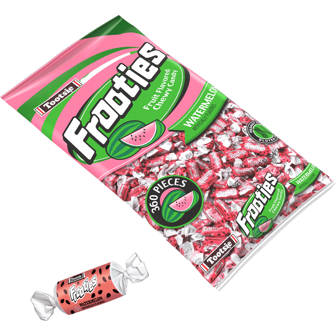 Frooties Watermelon Chewy Candy (38.8 oz. / 360 ct. Bag) with candy next to it