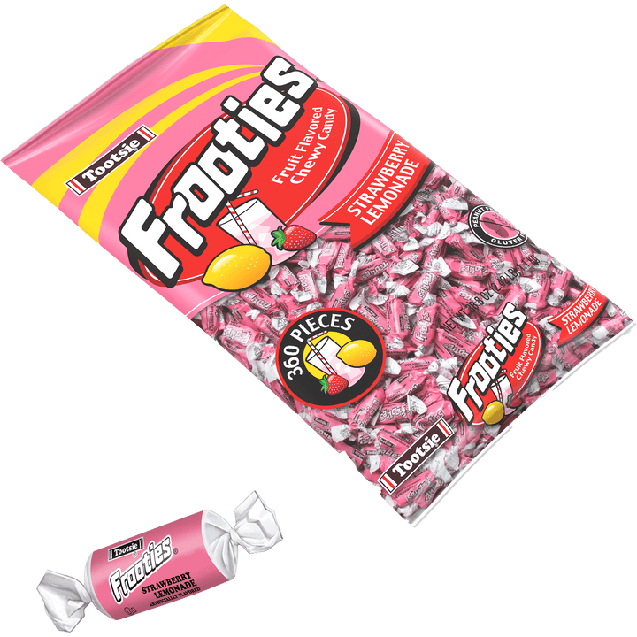 Frooties Strawberry Lemonade Chewy Candy (38.8 oz. / 360 ct. Bag) with candy next to it