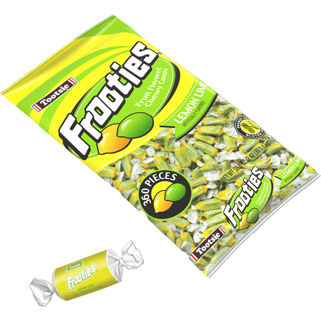 Frooties Lemon Lime Chewy Candy (388 oz. / 360 ct. Bag) with candy next to it