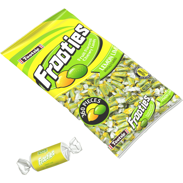 Frooties Lemon Lime Chewy Candy (388 oz. / 360 ct. Bag) with candy next to it