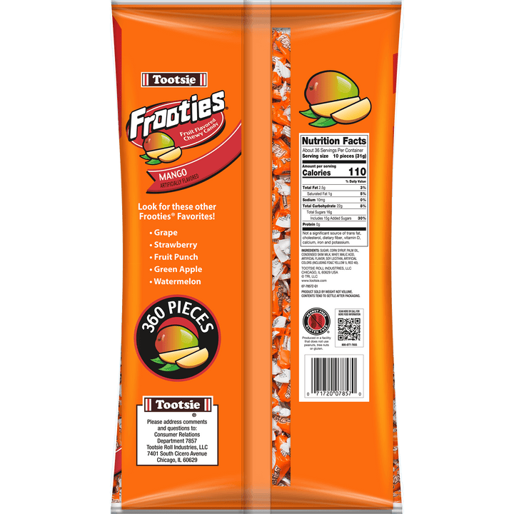 Frooties Mango Chewy Candy (360 ct. Bag) Nutrition Facts Panel